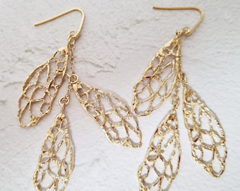 Delicate Gold plated silver earrings, for the bride for the wedding ,Three Delicate leaves from the  Sabar mesh, earrings inspired by nature