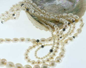 A pearl necklace, three pearl necklaces connected together, a special gift for a woman , gift from Israel, a romantic necklace,Long necklace