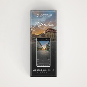 May include: A mobile phone screen displaying a Lightroom Mobile preset called "Afterglow" with a cityscape background. The preset is designed to enhance the colors and contrast of photos, creating a warm and vibrant look. The text "Lightroom Mobile Preset" and "Afterglow" are visible on the screen.