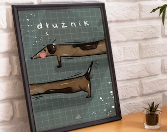May include: A black framed print with a light blue background and white polka dots. The print features a cartoon dachshund in two poses, with the text "dtóżnik" at the top.