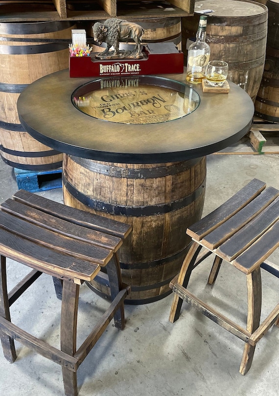 Custom made Bourbon Barrel Bistro/Pub Table Table with glass insert- Custom designed laser engraving available