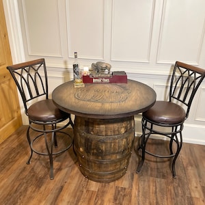 Custom made Bourbon Barrel Bistro/Pub Table Table- Custom designed laser engraving available