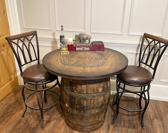 Custom made Bourbon Barrel Bistro/Pub Table Table- Custom designed laser engraving available