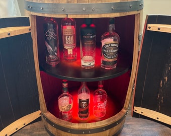 Bourbon Barrel Cabinet with multicolor LED's -custom design engraving available- loaded with unique features