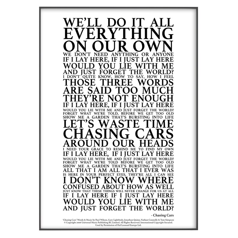 Chasing Cars Song Lyrics Print Official Licensed Print Etsy