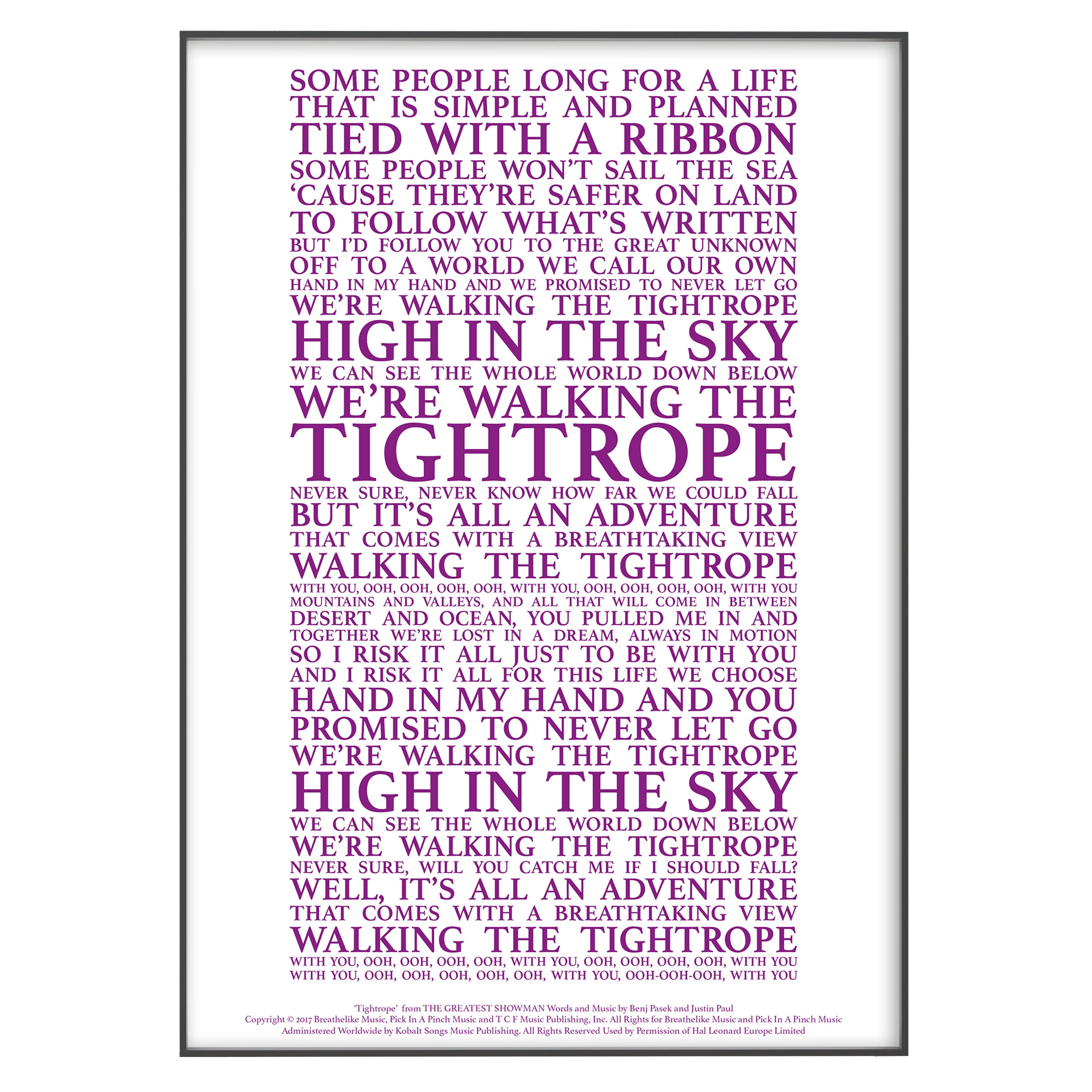 Tightrope the Greatest Showman Song Lyrics Print Official -  Denmark