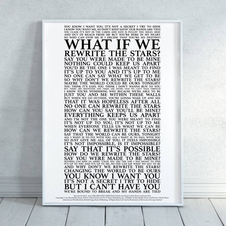 Rewrite the Stars The Greatest Showman Song Lyrics Print - Etsy France