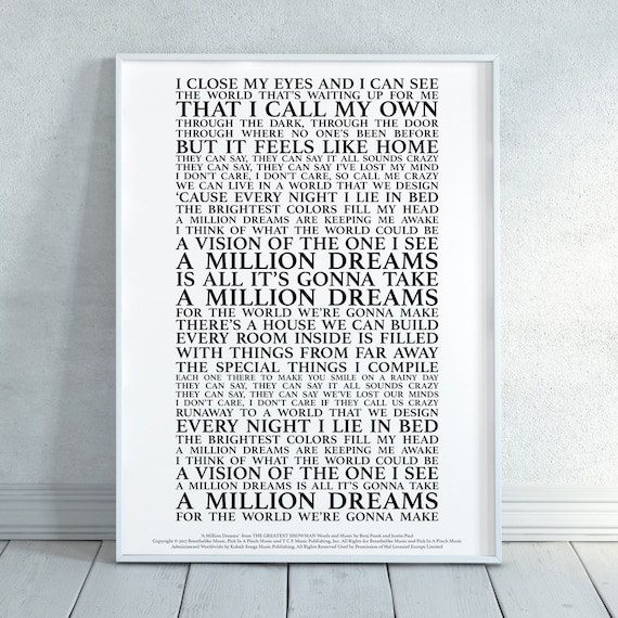 A Million Dreams the Greatest Showman Song Lyrics Print 