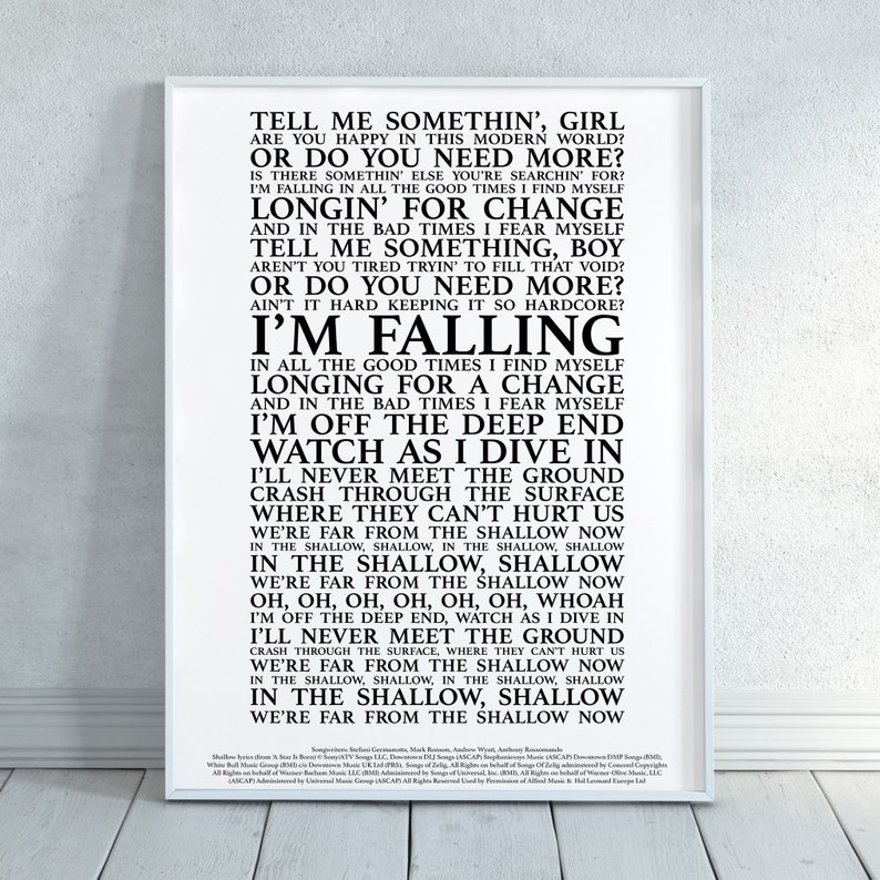 Shallow Song Lyrics Print Official Licensed Print Poster Etsy UK