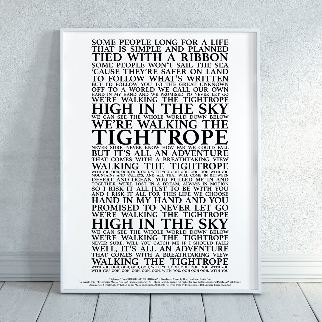 Tightrope the Greatest Showman Song Lyrics Print Official Licensed ...