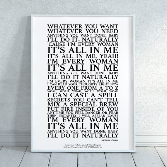 I'm Every Woman Song Lyrics Print Official Licensed 