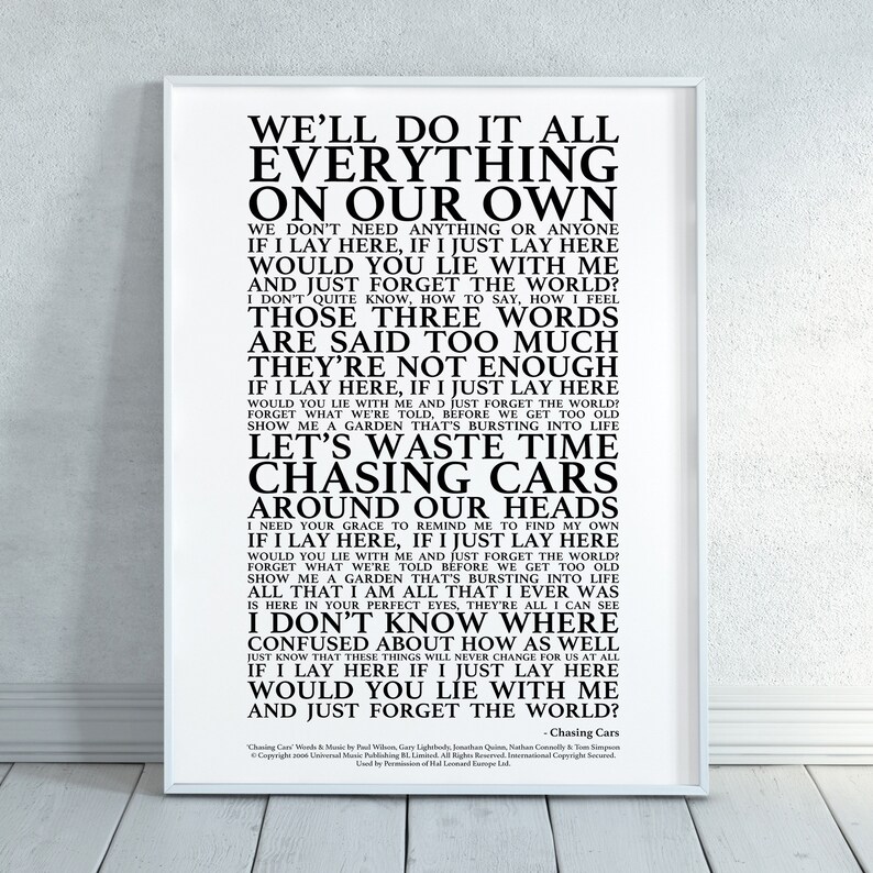 Chasing Cars Song Lyrics Print Official Licensed Print Etsy Chasing Cars Song Lyrics Print Official Licensed Print Etsy