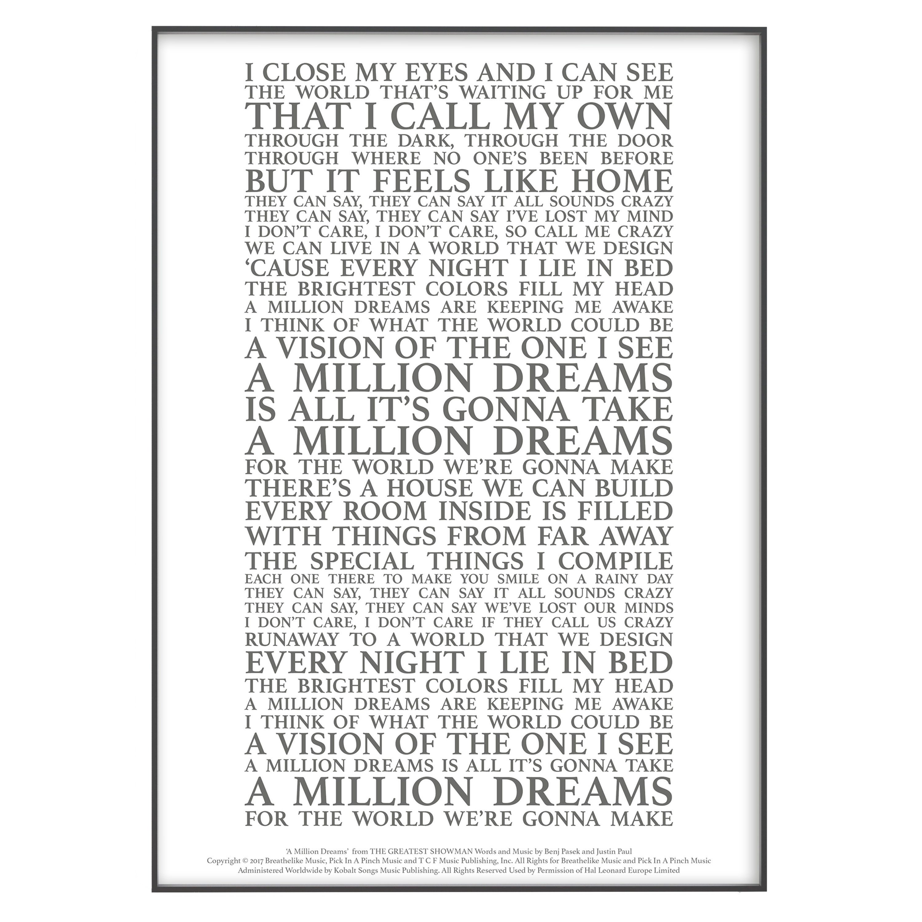 A Million Dreams Lyrics (The Greatest Showman) Song Print (Unframed)