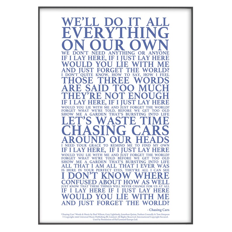 Chasing Cars Song Lyrics Print Official Licensed Print Etsy Chasing Cars Song Lyrics Print Official Licensed Print Etsy