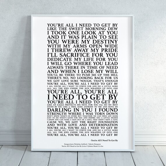 You Re All I Need To Get By Song Lyrics Print Official Etsy Finland