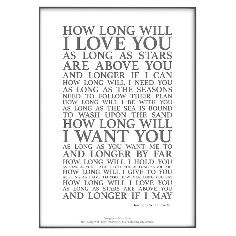  how long will i love you song lyrics print official licensed etsy uk