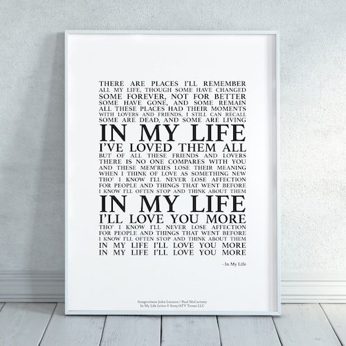 Beatles Lyrics Wall Art Song Lyrics Wall Art in My Life Etsy