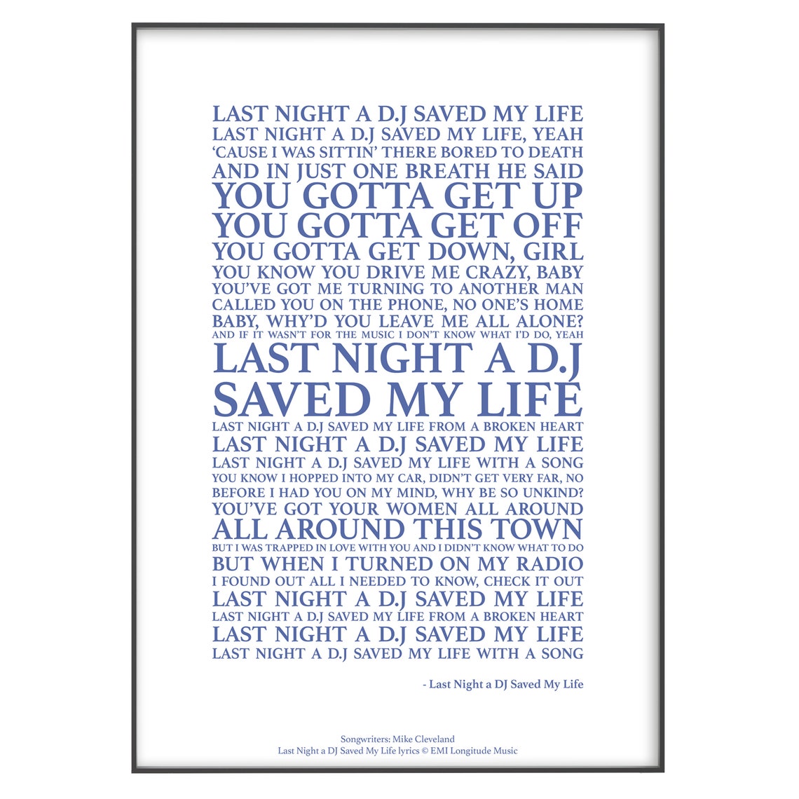Last Night A DJ Saved My Life Song Lyrics Print Official Etsy