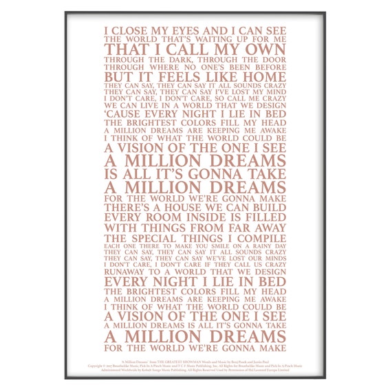 A Million Dreams Lyrics (The Greatest Showman) Song Print (Unframed)