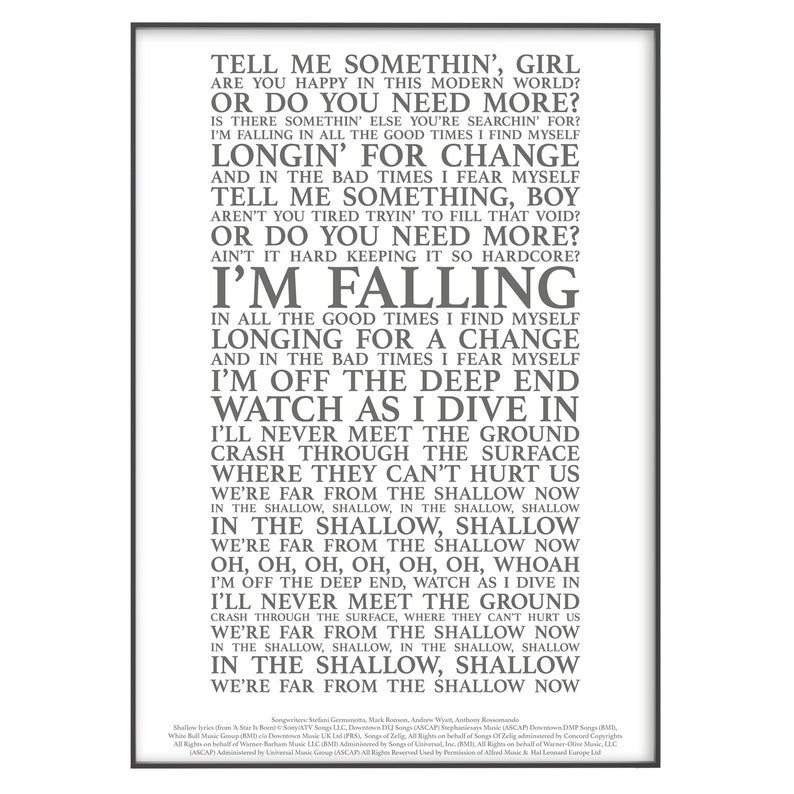 Shallow Song Lyrics Print Official Licensed Print Poster Etsy UK