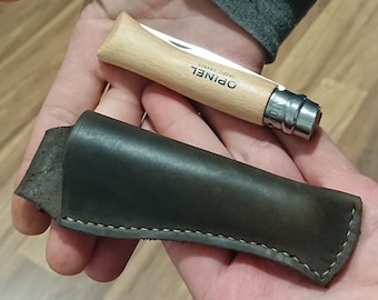 Leather knife sheath, leather Opinel #7 sheath, leather neck sheath, neckworn leather knife sheath, bushcraft accessory, outdoors gift