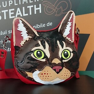 May include: A red leather crossbody bag with a cat face design. The cat has brown fur, green eyes, and a pink nose. The bag has a red strap and a silver clasp.