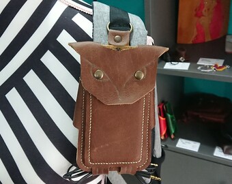 Owl companion for your phone, phone case, phone attachment for backpack, phone protector, leather phone cover, leather phone etui