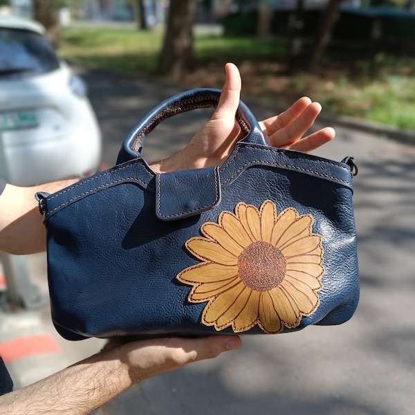 Sac à main en cuir naturel, sac à main en cuir aniline, sac à bandoulière en cuir, sac à main en cuir, sac de tournesol en cuir, fleur en cuir, cadeau pour elle