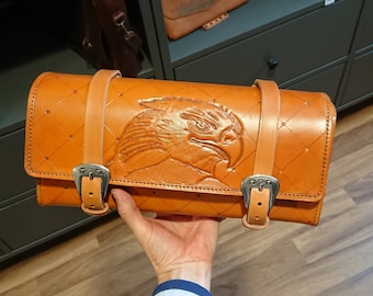Leather motorcycle tool bag, leather bag, leather fork bag, motorcycle leather front bag, tooled leather biker bag