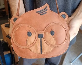 Cute bear leather bag, oil tanned leather crossbody bag, kids leather bag, small leather pouch, brown leather bag