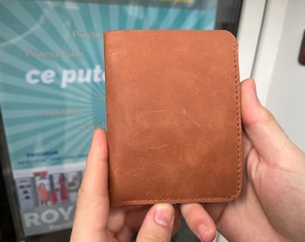 Handmade cow leather wallet, vertical orientation, with room for art on the cover