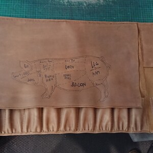 Op de afbeelding: Een bruin leren slagerblok met een varkensdiagram dat verschillende vleessoorten laat zien, waaronder spek, lenden, ham en schouder. Het blok heeft meerdere zakken en een ritsvak.