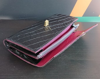 Black and cherry leather wallet with twistlock closure, leather women&#39;s wallet, custom leather wallet, elegant leather wallet