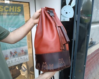 10 liter Leather drawstring backpack, leather daybag, leather cylinder backpack, coffee and cream brown leather backpack for trips