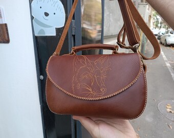Women's natural leather bag, Oil tanned leather bag, handmade women's leather purse, fox art leather bag, gift for her