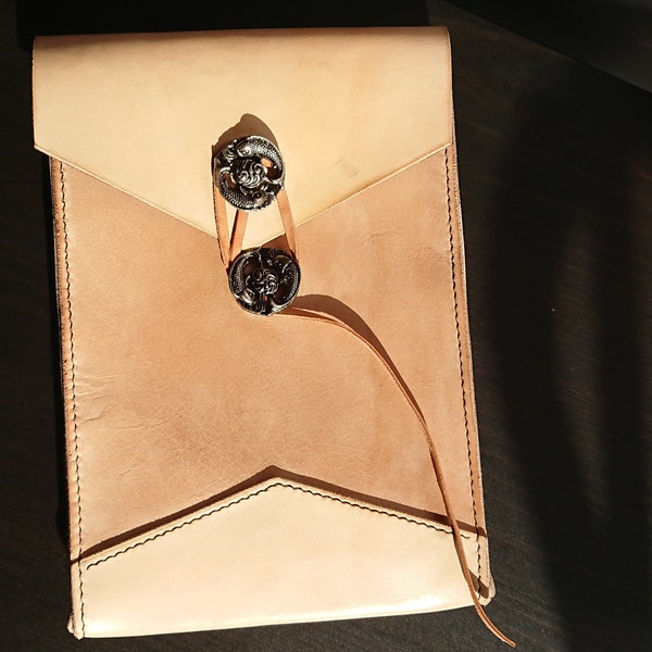 Suede lined A5 button and string leather envelope, leather envelope, leather document case, leather document carrier, leather briefcase