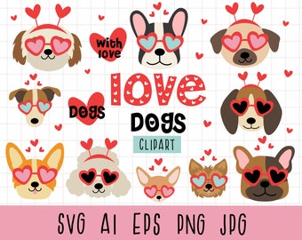 Love dogs clipart, Face dogs svg, Head Animals Clipart, Valentine svg, Love svg, Heart svg, Valentines day svg, Dog party clipart, Bulldog