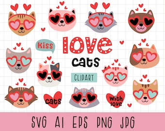 Cat Face clipart, Love cats clipart, Face cats svg, Head Animals Clipart, Love svg, Heart svg, Valentines day svg, Cat party clipart