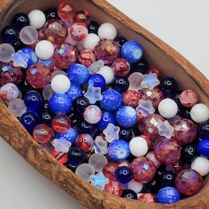 Set of 70 Patriotic, Independence day 4th of July glass beads for jewelry making. red white and blue beads.