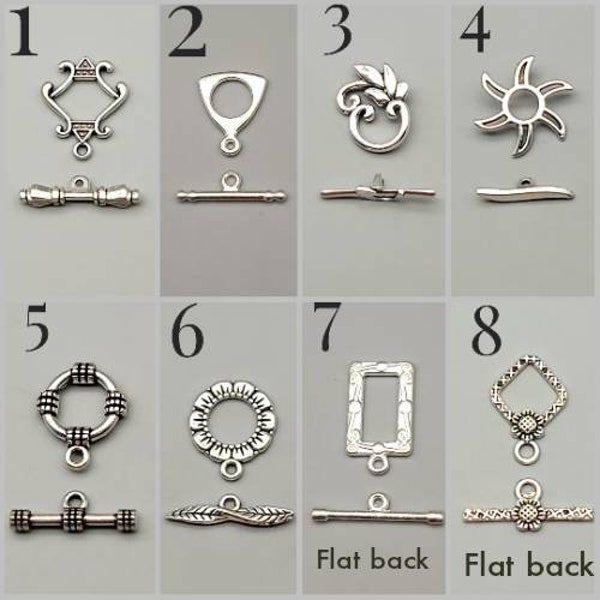 8 styles of Toggle clasps for jewelry making in tones of silver. 15 count of your choice.