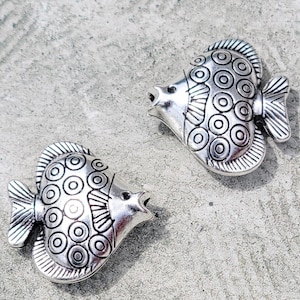 2 Adorable large antique silver fish beads for jewelry making