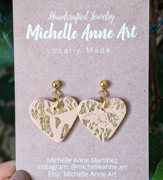 Pink and gold heart polymer clay earrings