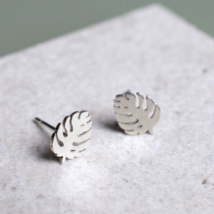 Handmade Silver Tropical Leaf Earrings, Monstera Leaf Studs, Minimalist Dainty Earrings, Sterling Silver Botanical Earrings, Gift for Her image 1
