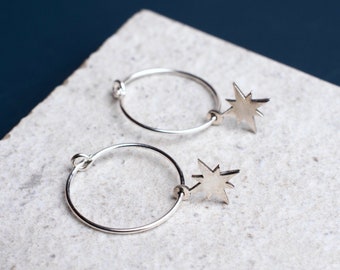 Handmade Silver Starburst Hoop Earrings,  Star Hoop Earrings, Starburst Hoops, Cute Delicate Hoops, Silver Starburst Hoops, Gift for Her