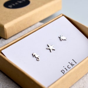 Handmade Silver Sea Creature Studs Multipack, Turtle Studs, Star Fish Studs, Seahorse Studs, Quirky Mix+Match Studs, Gifts for Her