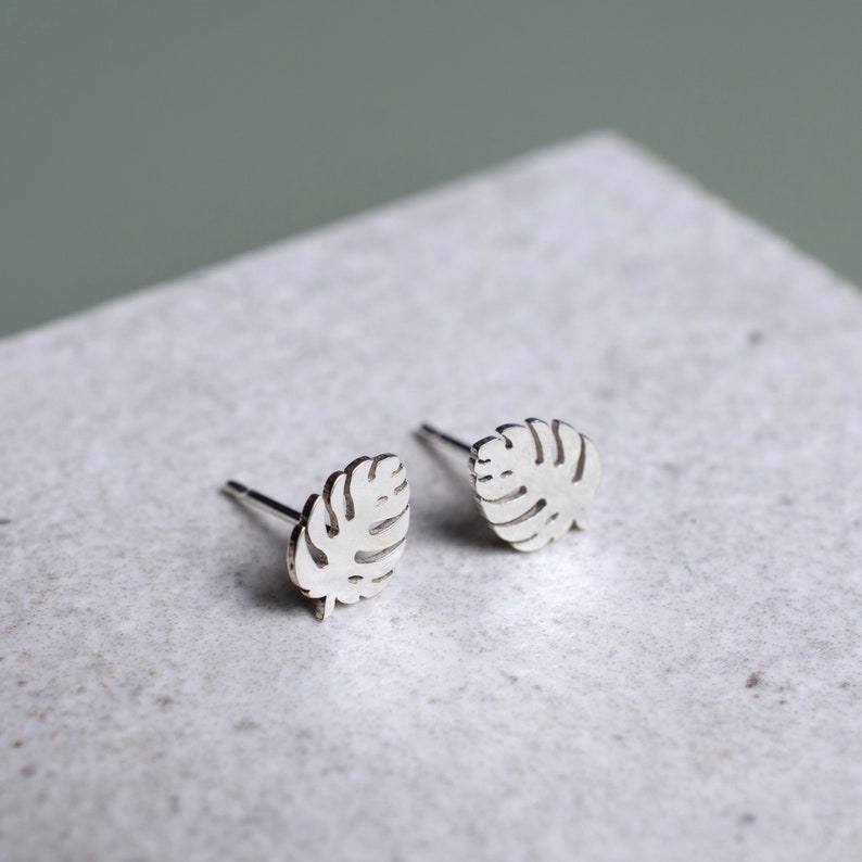Handmade Silver Tropical Leaf Earrings, Monstera Leaf Studs, Minimalist Dainty Earrings, Sterling Silver Botanical Earrings, Gift for Her image 2