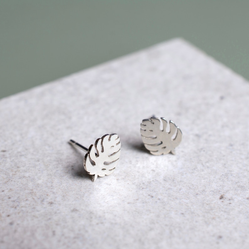 Handmade Silver Tropical Leaf Earrings, Monstera Leaf Studs, Minimalist Dainty Earrings, Sterling Silver Botanical Earrings, Gift for Her image 1