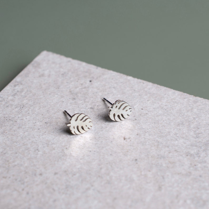 Handmade Silver Tropical Leaf Earrings, Monstera Leaf Studs, Minimalist Dainty Earrings, Sterling Silver Botanical Earrings, Gift for Her image 5