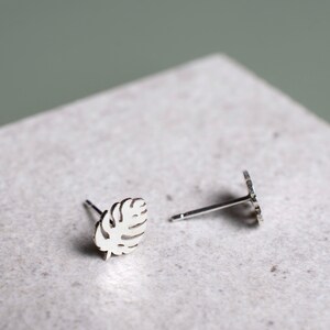 Handmade Silver Tropical Leaf Earrings, Monstera Leaf Studs, Minimalist Dainty Earrings, Sterling Silver Botanical Earrings, Gift for Her image 3