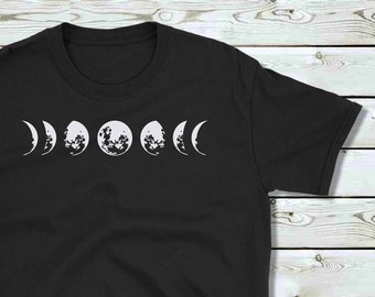 Moon Phases - Horizontal - 100% Black Cotton Unisex T-shirt by Vast Space Art - Glow-in-the-Dark Option, Witch Wicca Pagan